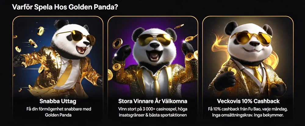 Golden Panda casinofördelar inklusive snabba uttag och 10% veckovis cashback.
