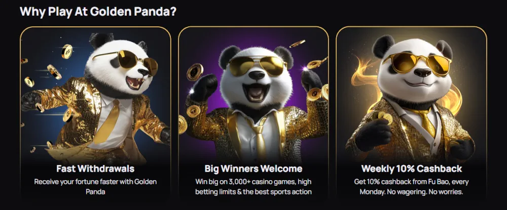 Fördelar med Golden Panda casino inklusive snabba uttag och 10% veckovis cashback.